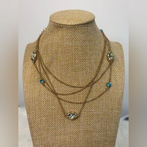 Pretty Gold and Blue tone Long Costume Necklace. Wrapped for the pictures